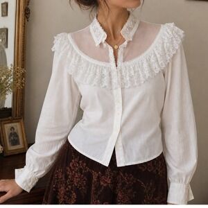 Gunne Sax Vintage Lace Blouse Victorian Edwardian Style Top White Size Small n1